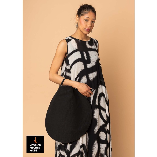 Circular handbag by RUNDHOLZ in black, elctric & ketchup