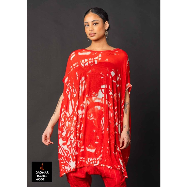 Translucent one-size shirt with all-over print by RUNDHOLZ in black print, electric print & ketchup print