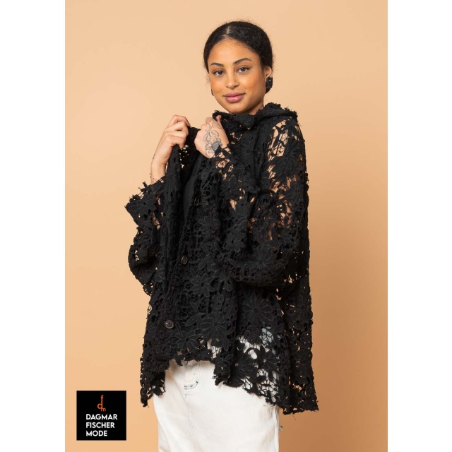 Oversized jacket made of lace in a destroyed look by RUNDHOLZ DIP in black gloss