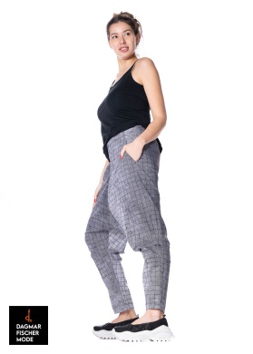 Low crotch trousers by RUNDHOLZ BLACK LABEL in placed black print & placed grey print