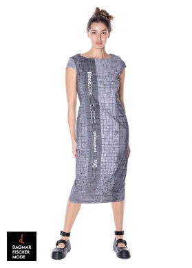 Narrow short sleeve dress by RUNDHOLZ BLACK LABEL in placed black print & placed grey print