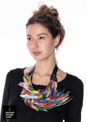 Colorful hummingbird necklace made from recycled leather by JIANHUI
