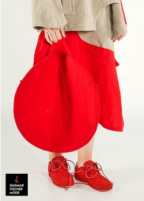 Circular handbag by RUNDHOLZ in black, elctric & ketchup