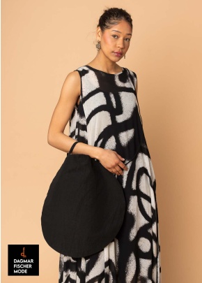 Circular handbag by RUNDHOLZ in black, elctric & ketchup