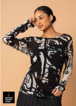 Translucent shirt with all-over print by RUNDHOLZ in black print, electric print & ketchup print