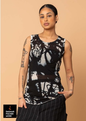 Translucent top with all-over print by RUNDHOLZ in black print, electric print & ketchup print