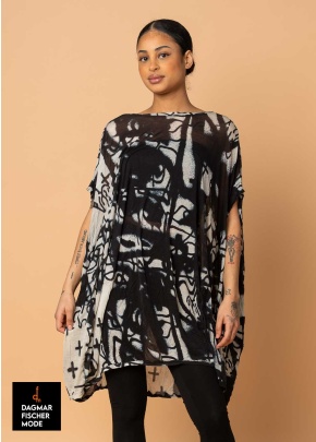 Translucent one-size shirt with all-over print by RUNDHOLZ in black print, electric print & ketchup print